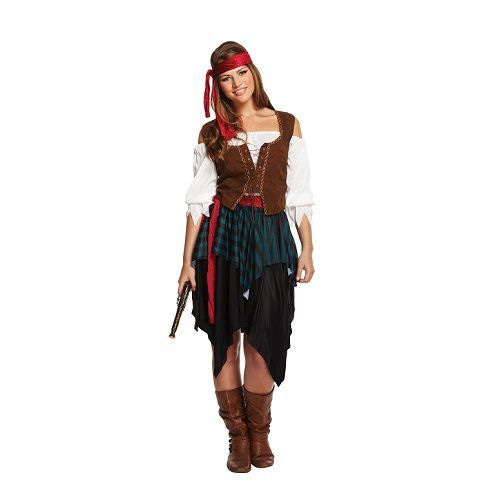 Spanje elke dag Ruimteschip HENBRANDTVOLWASSENEN VROUW 5-delig Pirates off The Caribbean kostuum,  bestaande uit Hoofdband, Shirt, Overhemd, Riem en Rok | Piraat | Kleur:  rood, wit en bruin | Carnavalskleding | Verkleedkleding | Dames | Maat: