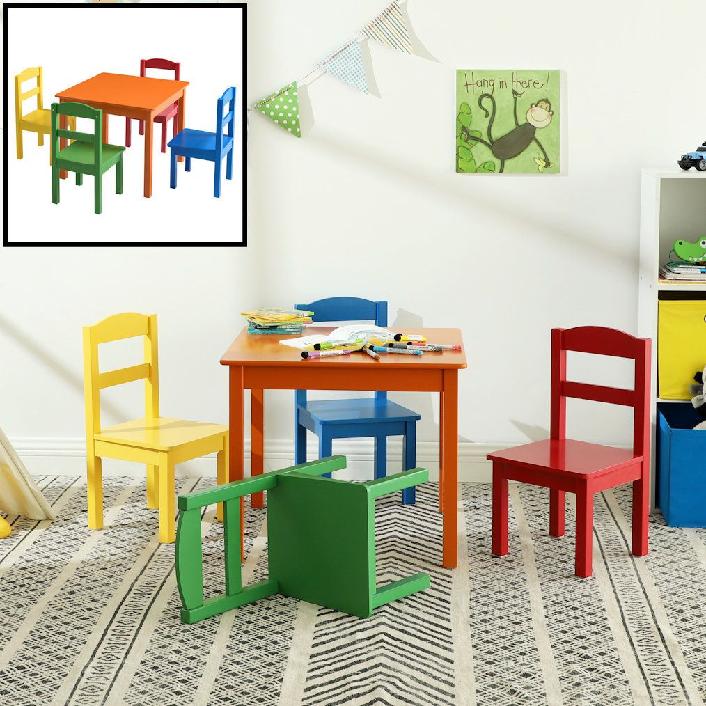 DECOPATENTKindertafel met stoeltjes van hout - 1 tafel en 4 stoelen voor kinderen - Rood, blauw, groen geel, oranje - Kleurtafel / speeltafel / knutseltafel tekentafel / zitgroep set - Decopatent® - 𝕍𝕖𝕣𝕜𝕠𝕠𝕡 ✪ 𝕔𝕠𝕞