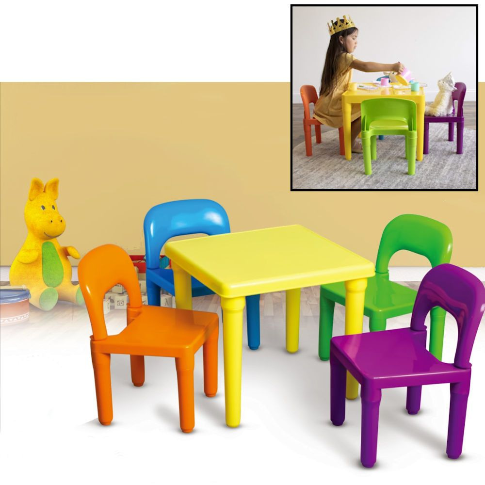DECOPATENTKindertafel met stoeltjes van kunststof - 1 en 4 voor kinderen - Multi Color Gekleurde Tafel & Stoelen - Kleurtafel / speeltafel / knutseltafel / tekentafel zitgroep set - Kindertafel en stoeltjes - Decopatent ...