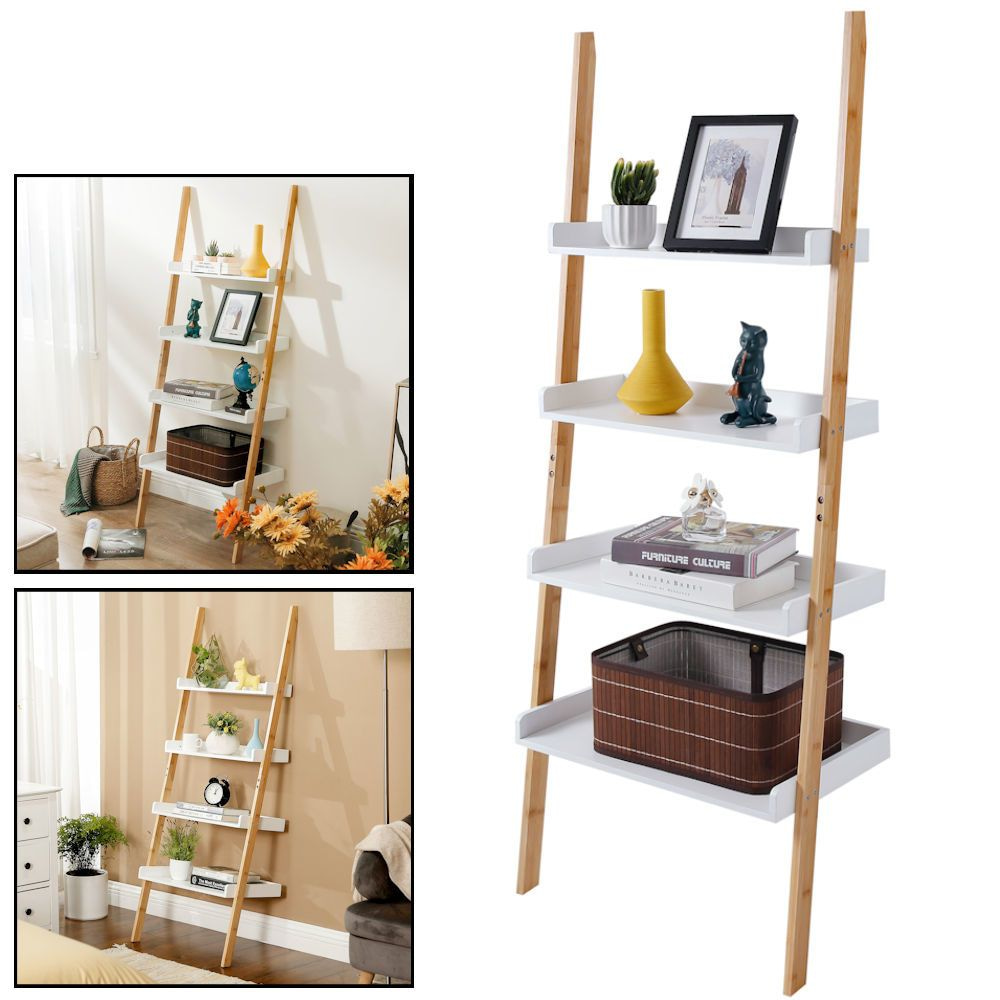 DECOPATENTLadderrek bamboe hout - Houten decoratie ladder Open ladderkast / bamboe ladder / plantentrap / boekenkast / traprek / ladder rek - luxe opbergrek met 4 treden Wit - Decopatent® 𝕍𝕖𝕣𝕜𝕠𝕠𝕡 ✪ 𝕔𝕠𝕞
