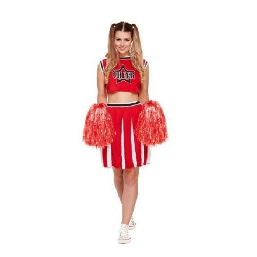 HENBRANDTVOLWASSENEN Dames 4-Delig USA Cheerleader Inclusief 2 Pompons | Kleur: Rood / Wit | Cheerleader Jurkje | Carnavalskleding | Verkleedkleding | Leader Feest Kostuum | Dames / Vrouw | Maat: One Size Fitts all. - 𝕍𝕖𝕣𝕜𝕠𝕠𝕡