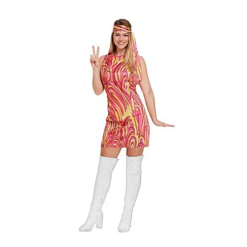 HENBRANDTVOLWASSENEN VROUW | Groovy Hippie Girl Kostuum, bestaande uit: Jurk en Hoofdband | Flower Power Dames Jurk | Carnavalskleding Verkleedkleding | Dames | Maat: 38 tm 42 ONE SIZE FITTS ALL - 𝕍𝕖𝕣𝕜𝕠𝕠𝕡 ✪ 𝕔𝕠𝕞