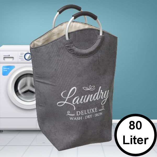 XL Wasmand - Tekst Deluxe Laundry -> Wash Dry Iron - met handvat - Grote Badkamer Wasmand - Velours - Grijs - 𝕍𝕖𝕣𝕜𝕠𝕠𝕡 ✪ 𝕔𝕠𝕞