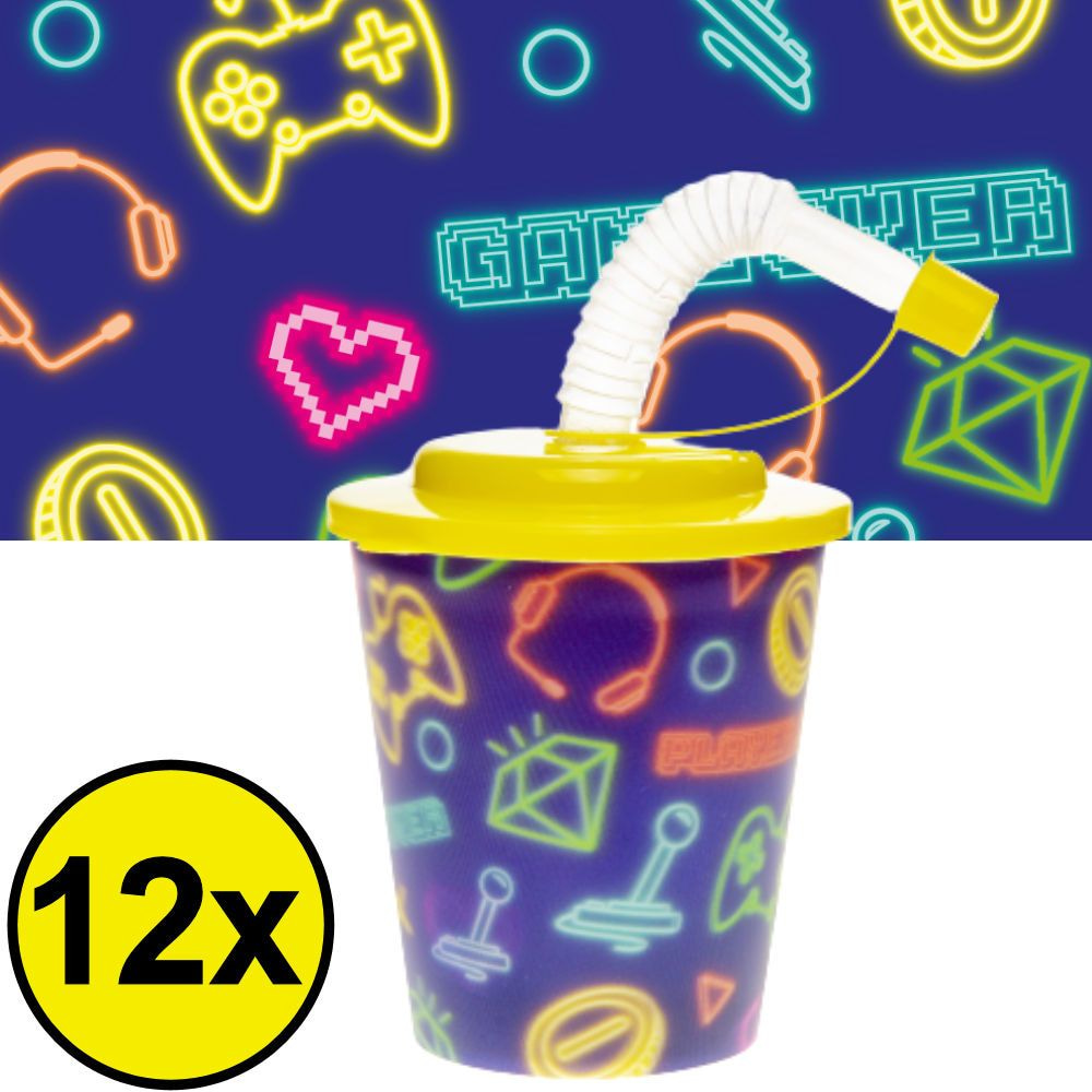 12 3D Drink Beker met Rietje en - 250ML - Gamers Plastic Bekers - Kinderfeestje - Kinderverjaardag Bekertjes - Traktatie - Uitdeelcadeaus - 𝕍𝕖𝕣𝕜𝕠𝕠𝕡 ✪ 𝕔𝕠𝕞