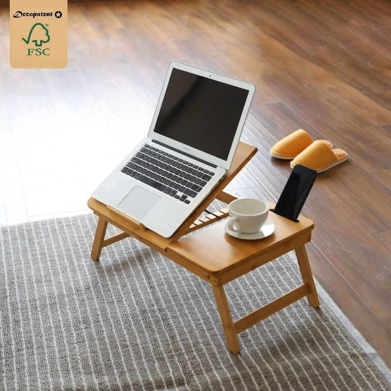 DECOPATENTLaptoptafel voor op Bank bed van bamboe hout - Met Telefoon & Tablet houder - verstelbaar, kantelbaar & Inklapbaar - Bedtafel / Banktafel voor laptop, boek, tablet - Ontbijt op