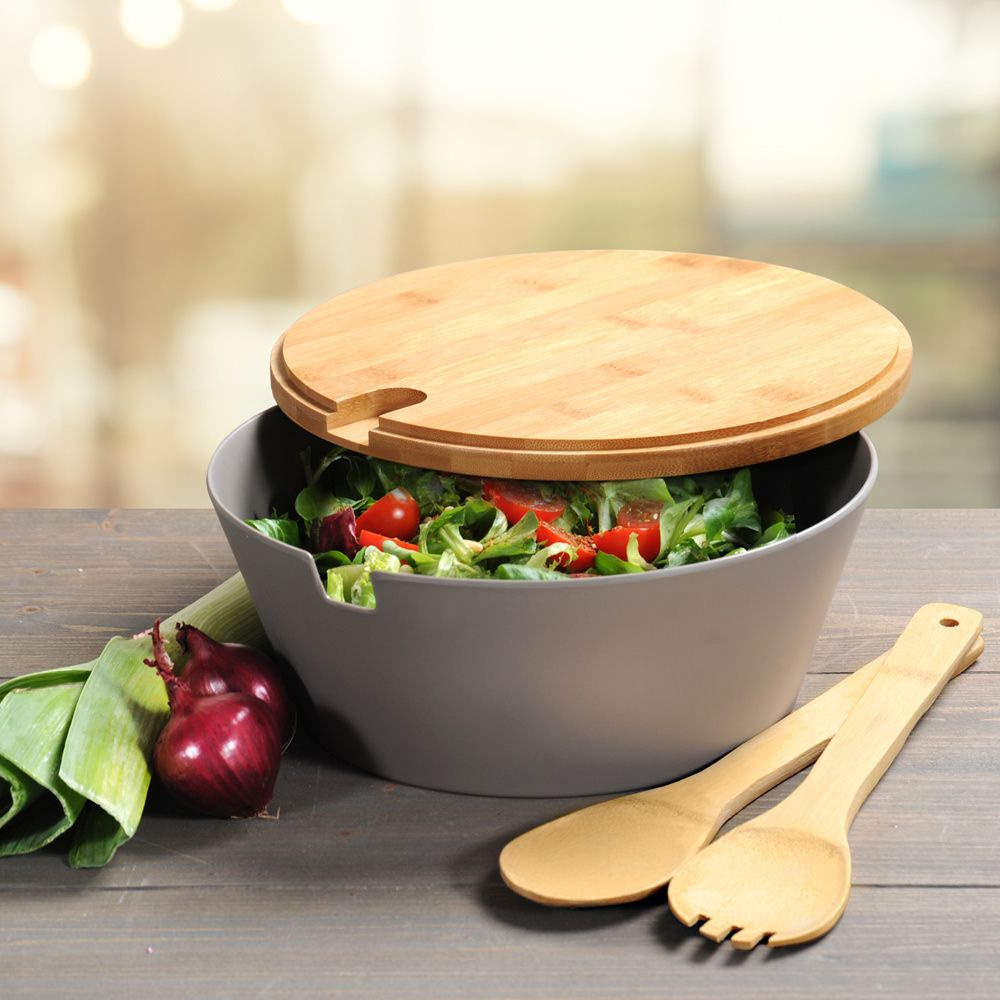 KESPERSalade Schaal Cm - Saladeschaal met FSC® Bamboe Deksel en 2 Salade Lepels - Slakom - Salade Bak - Afm 26x26x11 Cm - SET - 𝕍𝕖𝕣𝕜𝕠𝕠𝕡 ✪ 𝕔𝕠𝕞